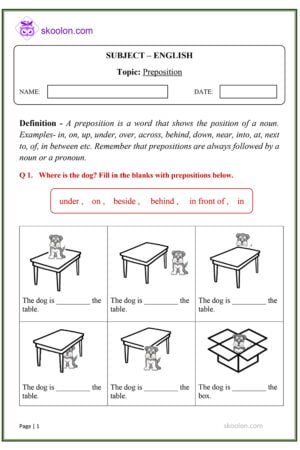 English Grammar Preposition worksheet pdf
