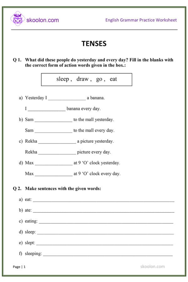 English Tenses worksheet PDF