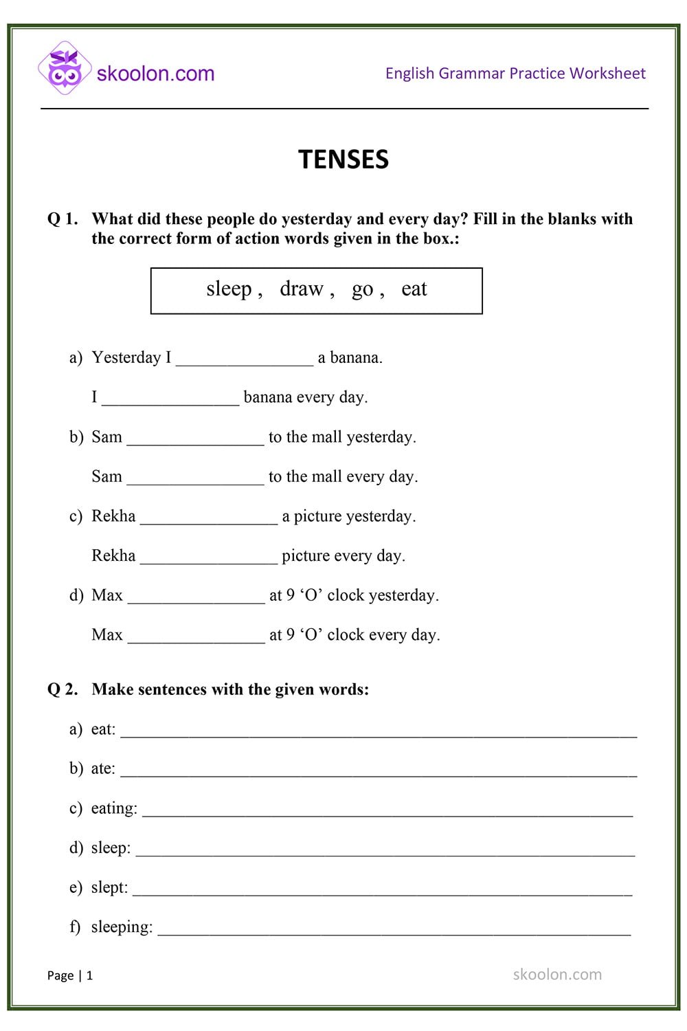 Tenses Worksheet With Answers Pdf Class 8