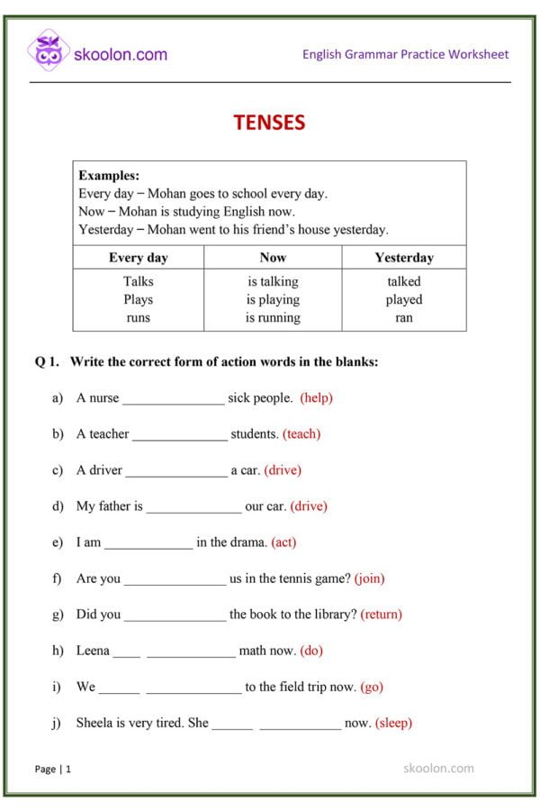 English Tenses worksheet PDF