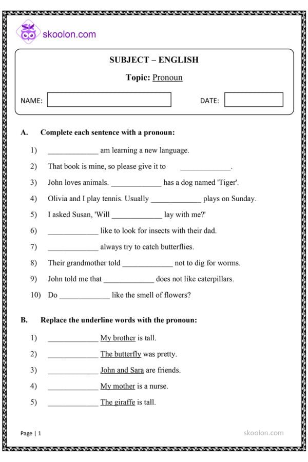 English Grammar Pronoun worksheet pdf