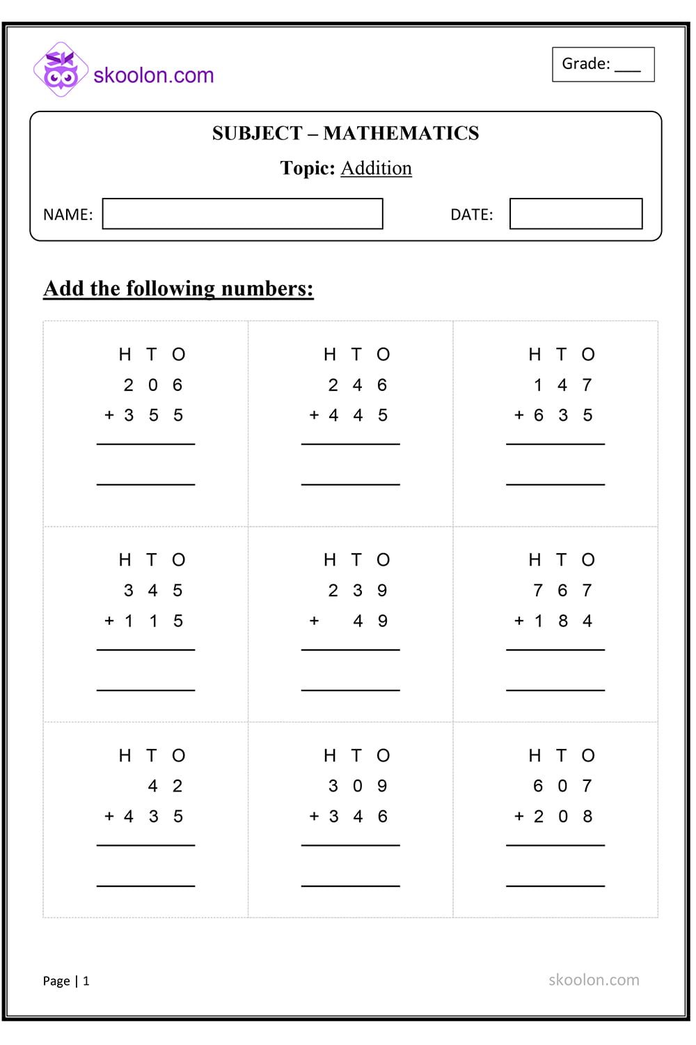 Addition 3 Digit Numbers Skoolon