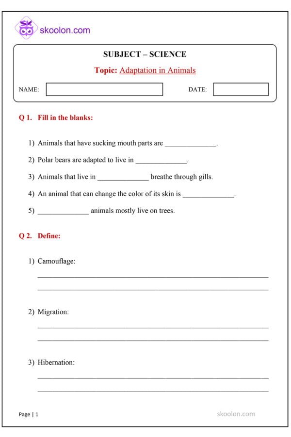 ICSE Science - Adaptation in Animals worksheet for class 4