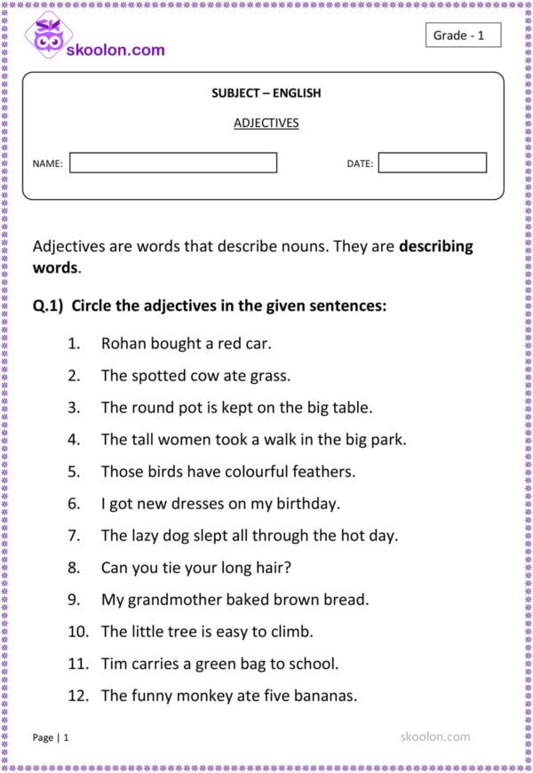Class 1 English Adjectives worksheet