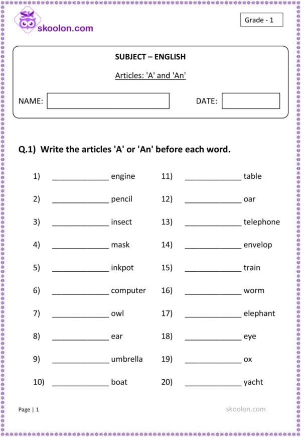 English Articles A An worksheet for class 1