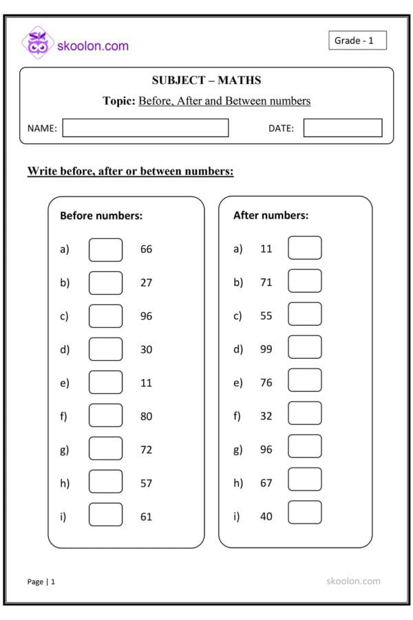 Before and After numbers worksheet