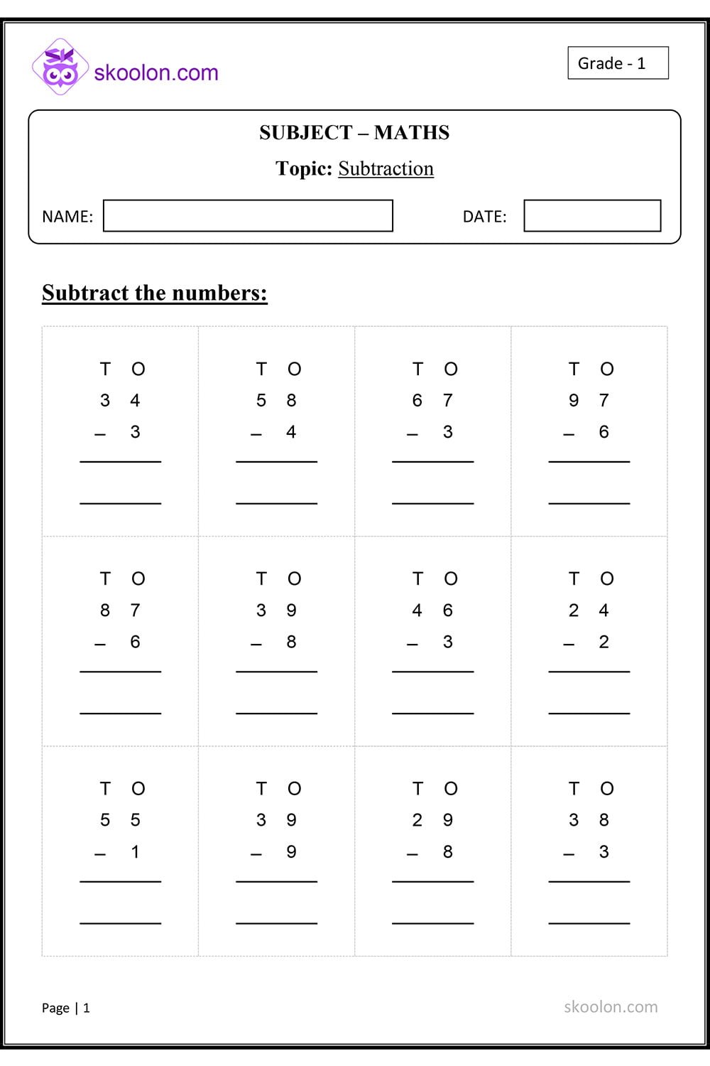 Subtraction On Number Line Worksheet For Class 1