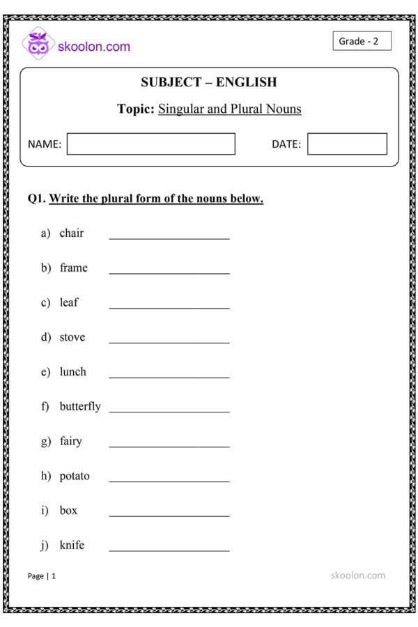 English Grammar worksheet Singular and Plural Nouns