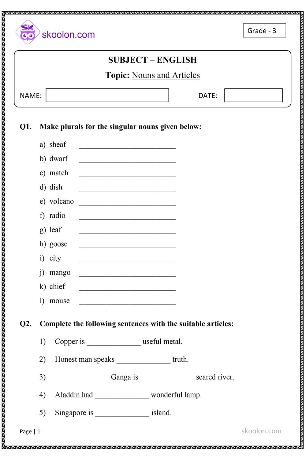 Nouns And Articles Skoolon