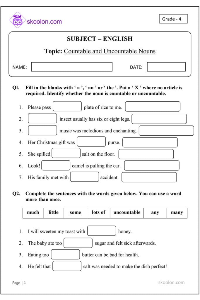 Countable And Uncountable Nouns Worksheet For Class 2 With Answers