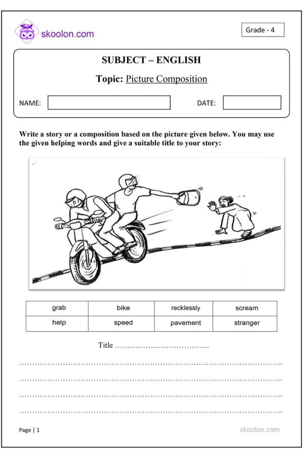 English Picture Composition writing worksheet for Grade 4