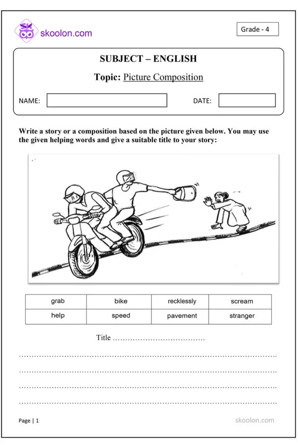 English Picture Composition writing worksheet for Grade 4