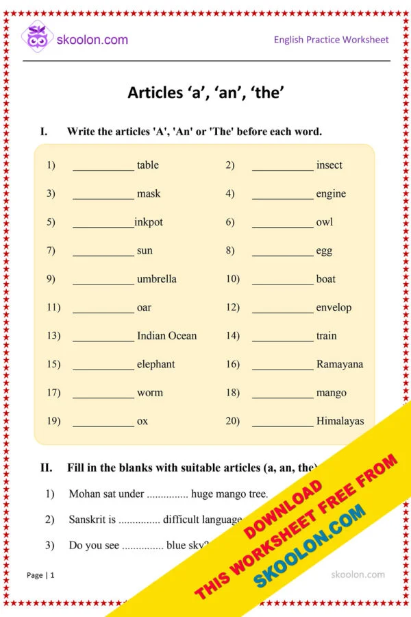 English Articles a an the worksheet for Class 1