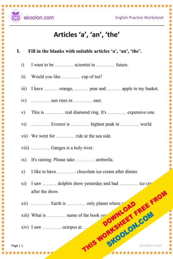 English Articles a an the worksheet for Class 1