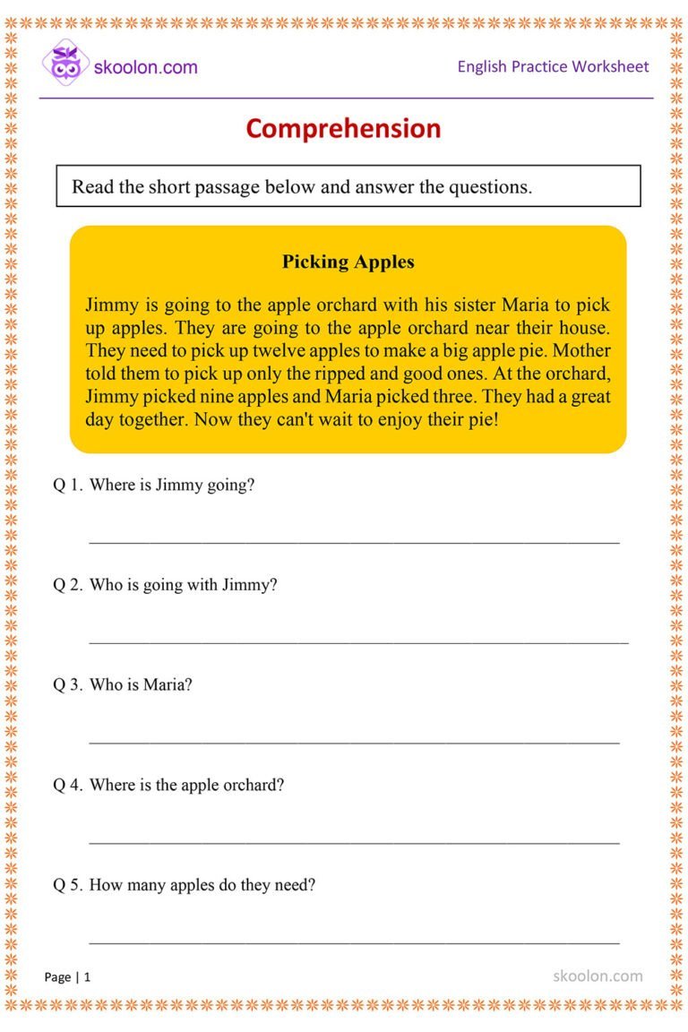 Class 1 English Comprehension Worksheets