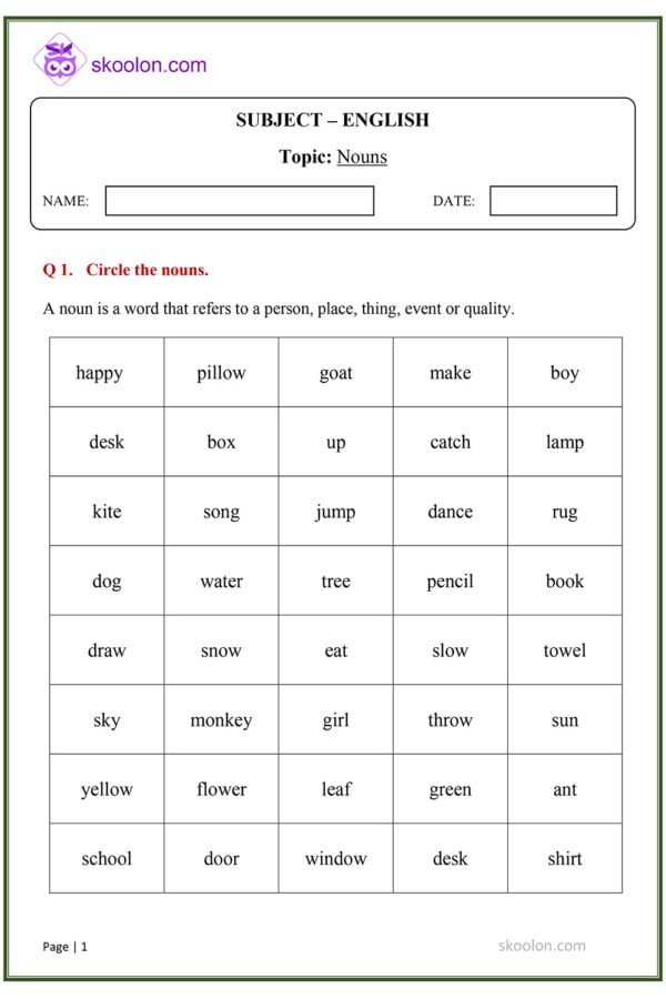 Nouns worksheet. Nouns worksheet for Grade 1
