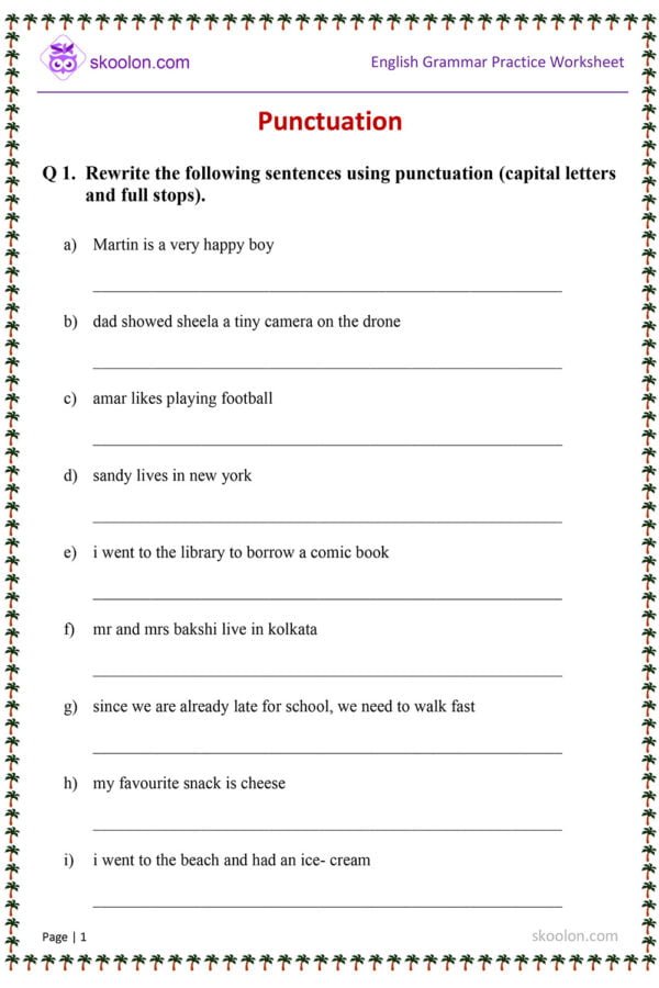 English Punctuation worksheet for Grade 1