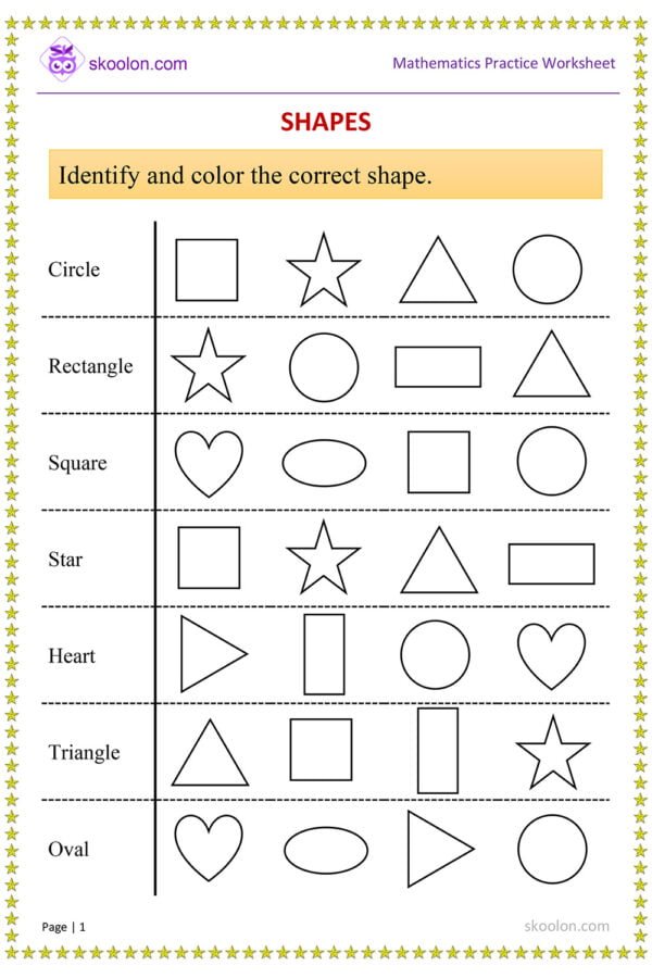 shapes worksheet for Grade 1 || Identify and color the shape