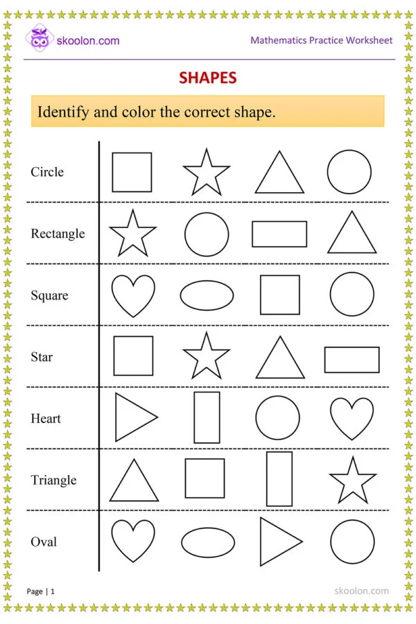 shapes worksheet for Grade 1 || Identify and color the shape