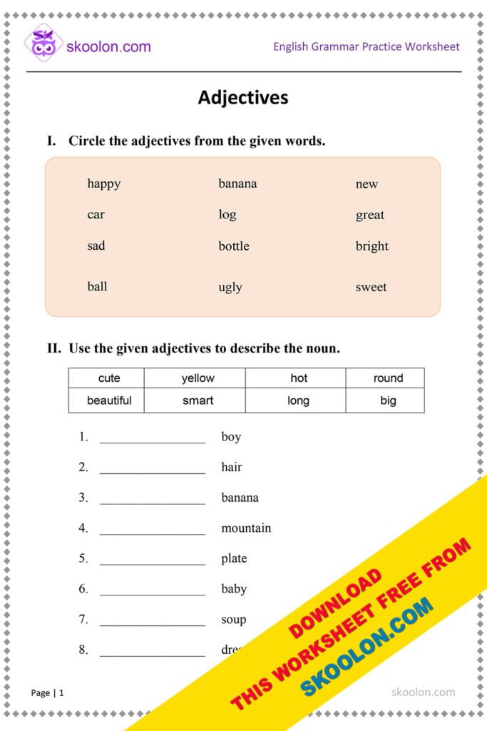 English Grammar Adjectives worksheet for class 2