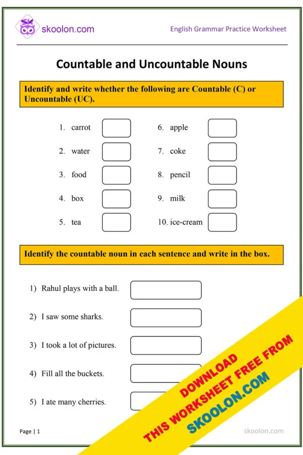 Countable and Uncountable nouns worksheet pdf