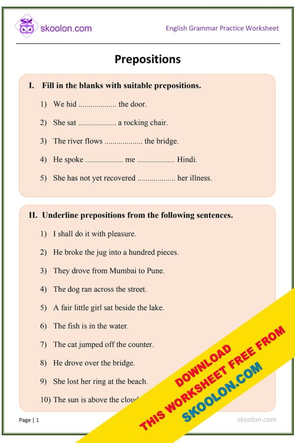 English Grammar Preposition worksheet pdf