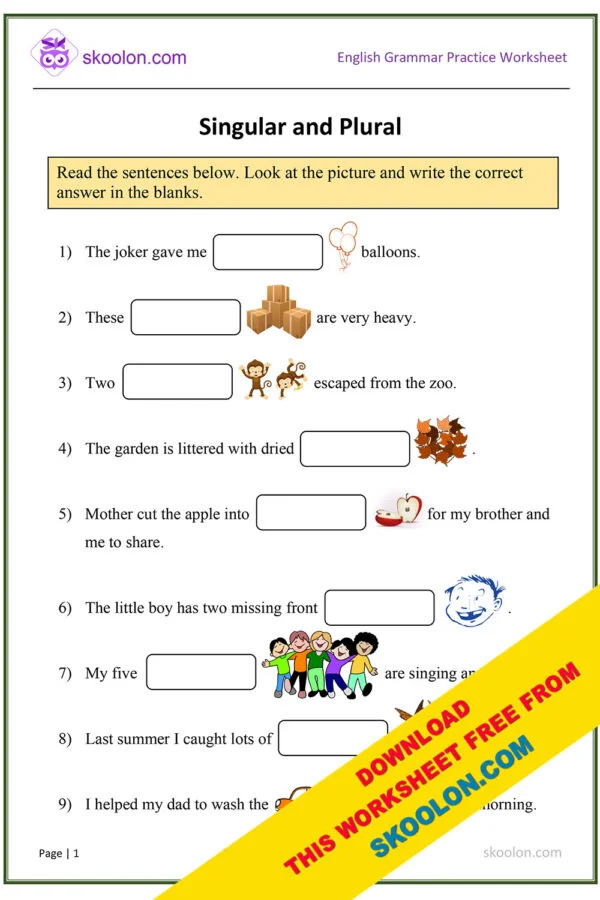 English Grammar worksheet Singular and Plural for Grade 2