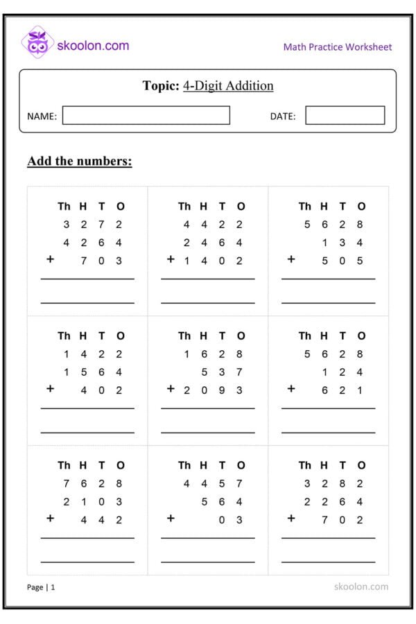 Four digit addition worksheet