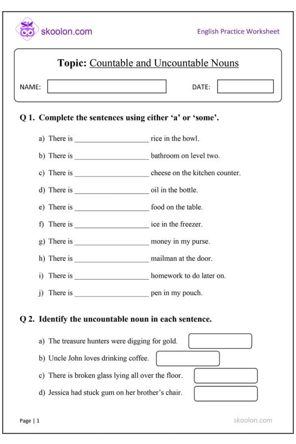 English Countable and Uncountable Nouns Worksheet