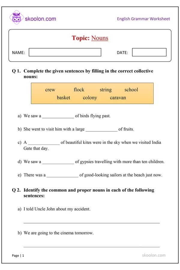 English Grammar Nouns Worksheet for Grade 4
