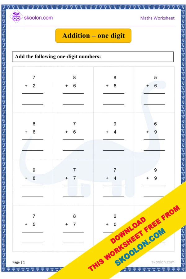 Addition One Digit Worksheet for Class 1