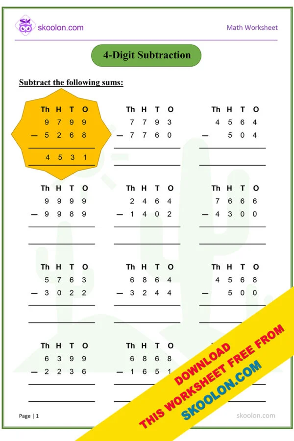 Math 4 Digit Subtraction worksheet for Grade 2 and Grade 3