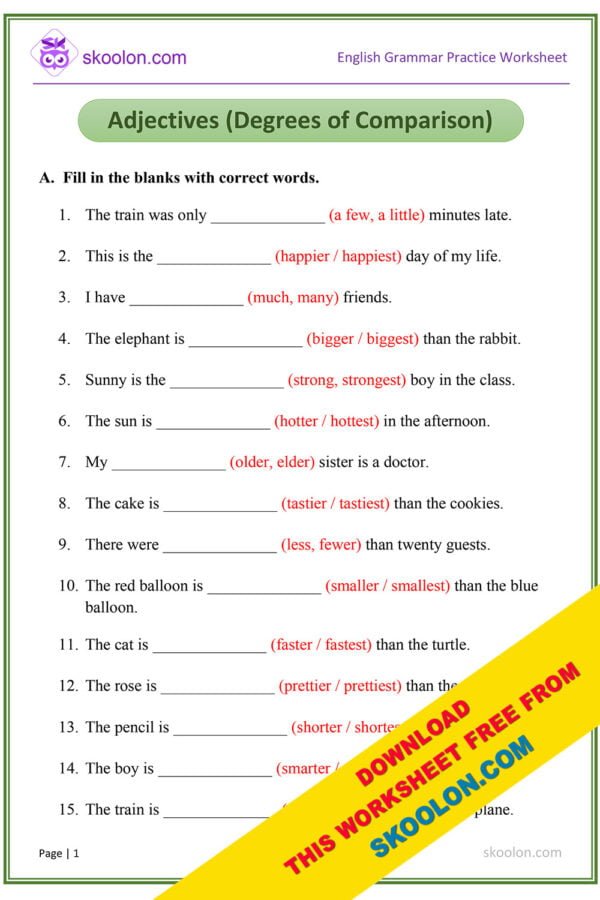 Class 8 Adjectives Worksheet With Answers