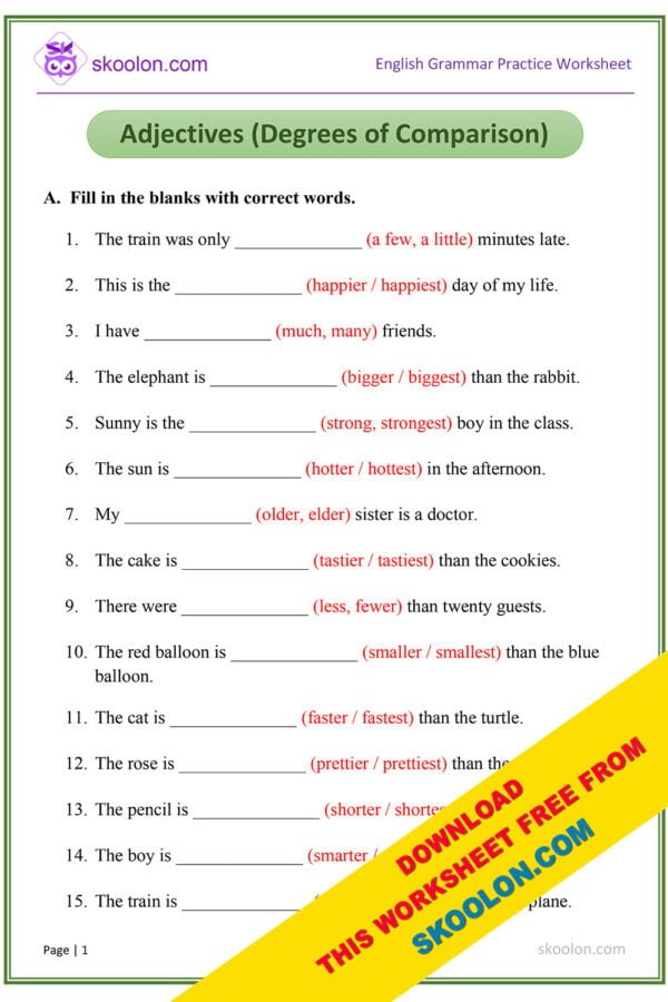 Adjectives Degrees Of Comparison With Answers 8 Skoolon