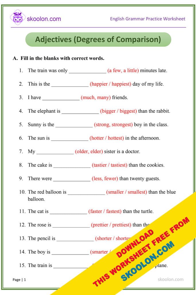 English Grammar Adjectives Worksheet with Answers