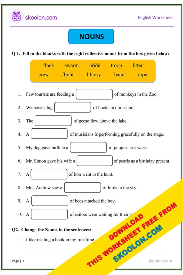 English Nouns Worksheet with Answers for Class 3