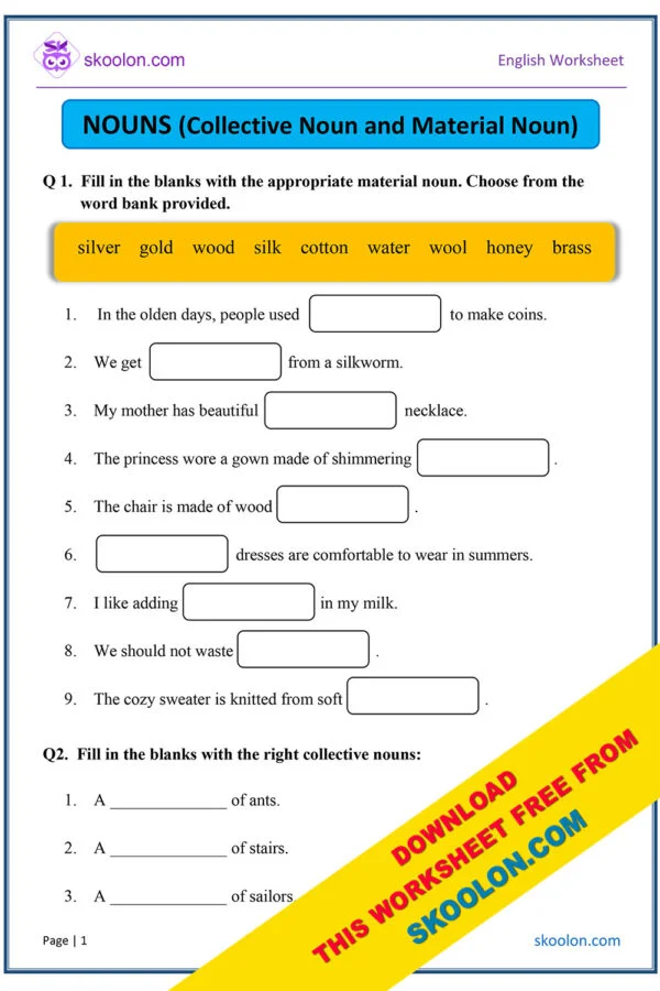 English Grammar Nouns worksheet with Answers