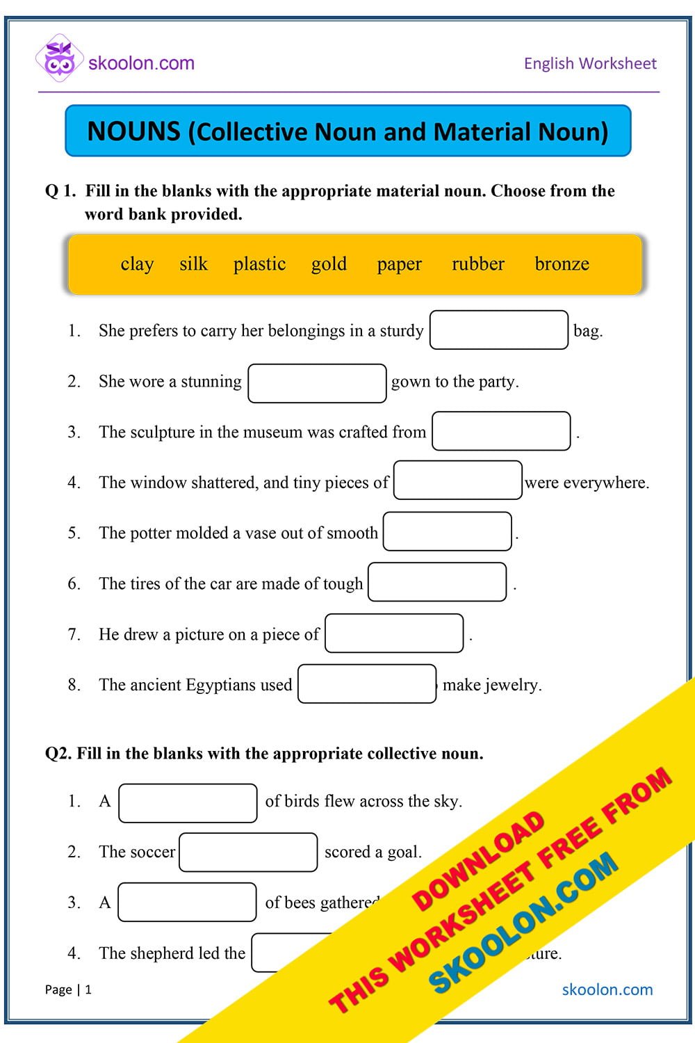 Class 4 English Grammar Worksheet With Answers