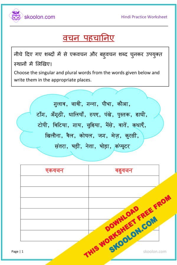 Identify Singular and Plural in Hindi Worksheet for class 2