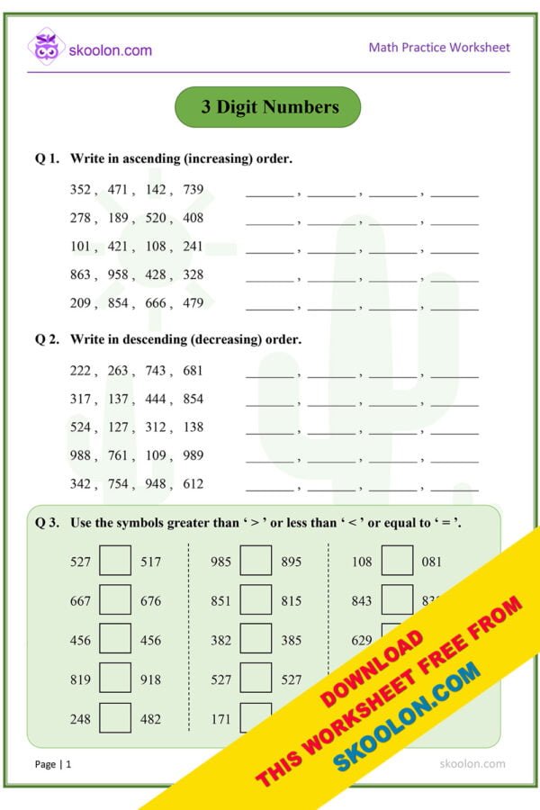 Maths 3 Digit Numbers Worksheet for Class 3