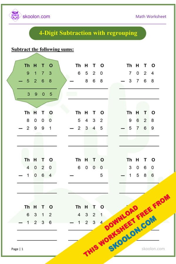 Math 4 Digit Subtraction with regrouping worksheet for Grade 2 and Grade 3
