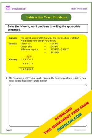Math Subtraction Word Problems Worksheet for Grade 3 and Grade 4