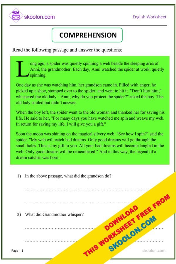 English Comprehension Worksheet with Questions and Answers for Class 4