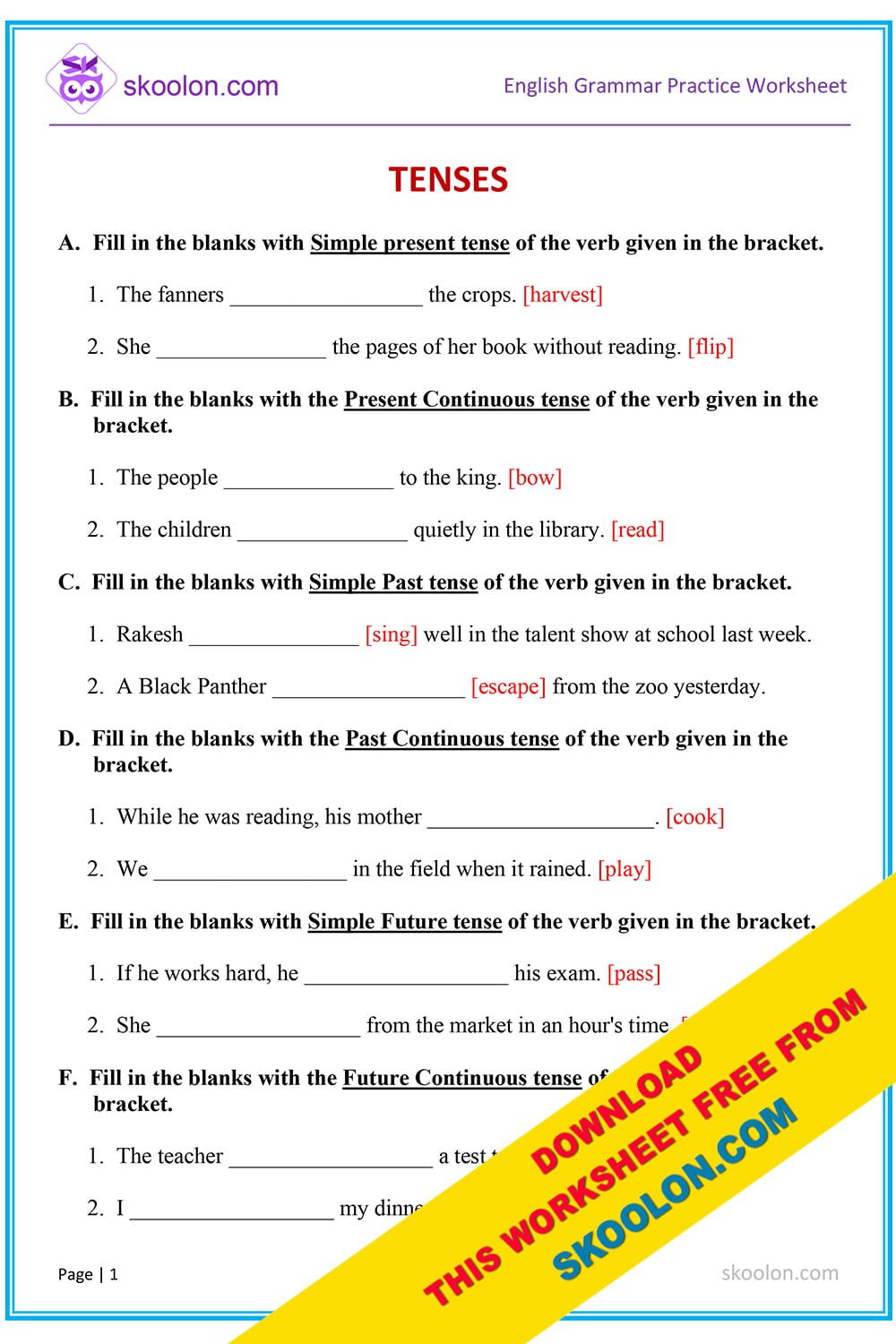 worksheet for tenses class 5