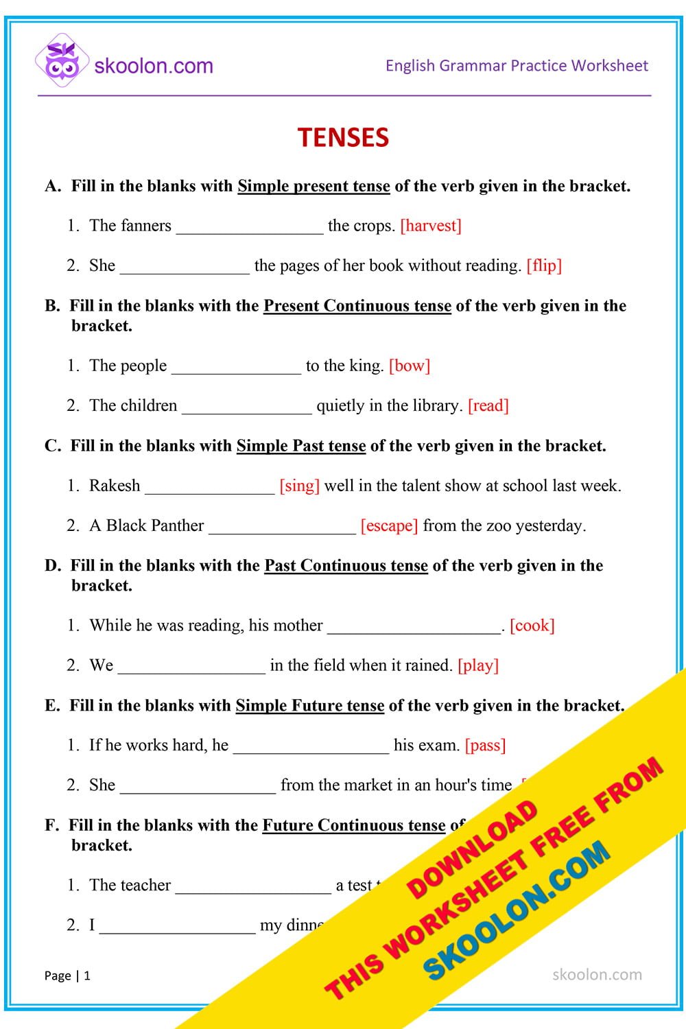 Tenses Worksheet For Class 4 Cbse