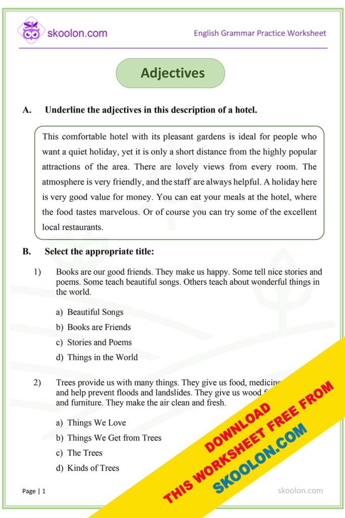 English Grammar Adjectives Worksheet for Grade 5