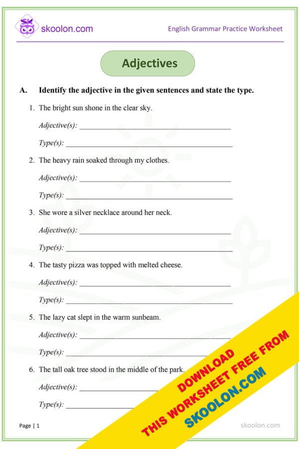 English Grammar Adjectives Worksheet for Grade 5