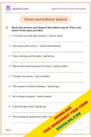 Direct and Indirect Speech worksheet with answers for Grade 5