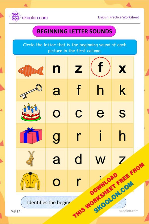 English Beginning Letter Sounds worksheet for Kindergarten