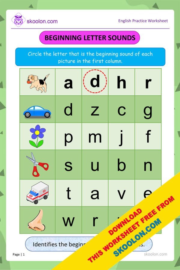 English Beginning Letter Sounds worksheet for Kindergarten